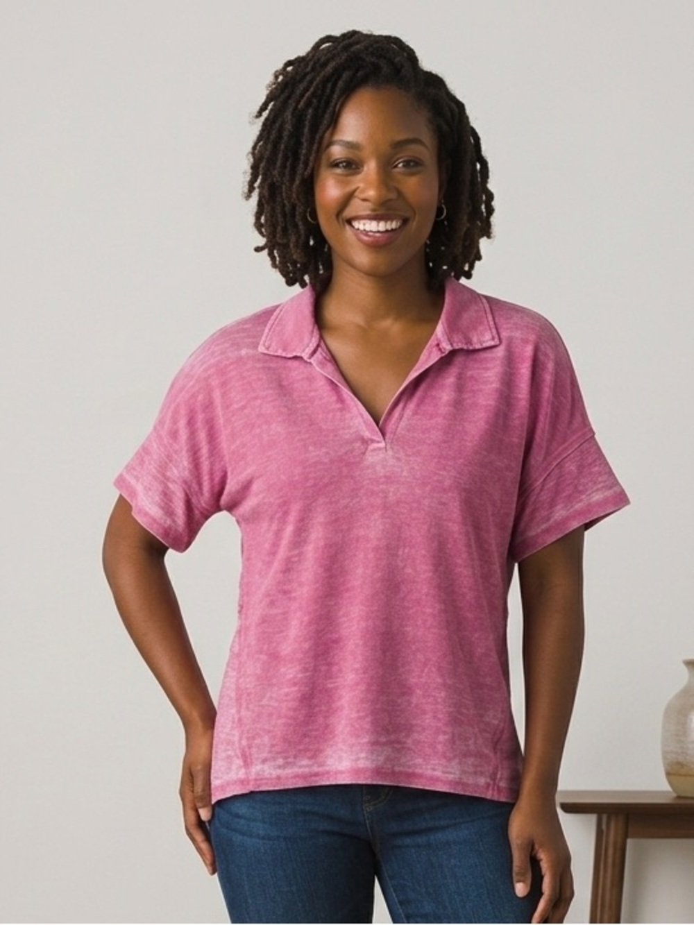 Jane and Delancey Hot Pink V-Neck Short Sleeve Top